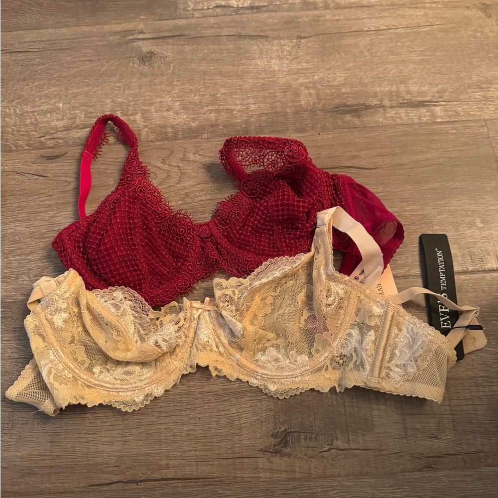 Elegant Lace Bra Set - Red and Beige